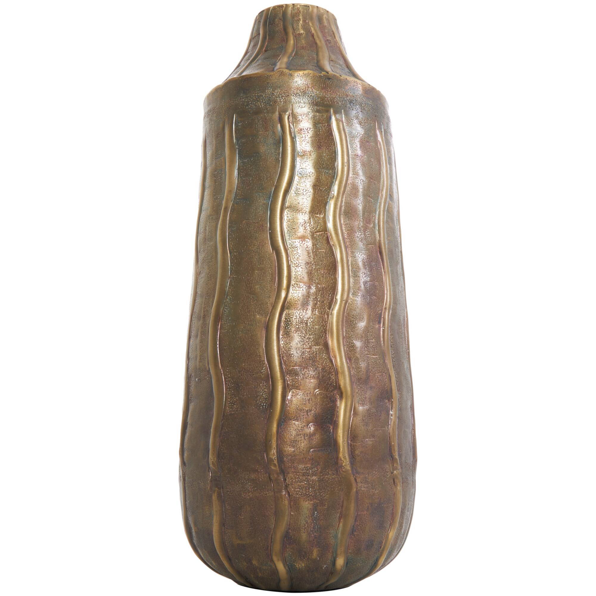 17" Brass Metal Snakeskin Inspired Vase with Dimensional Wavy Accents